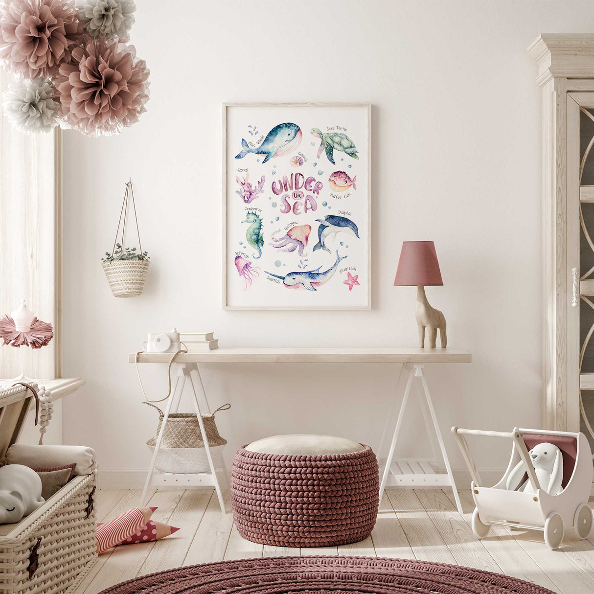 Ocean animals girls room wall art print with pink jellyfish and playful whale design