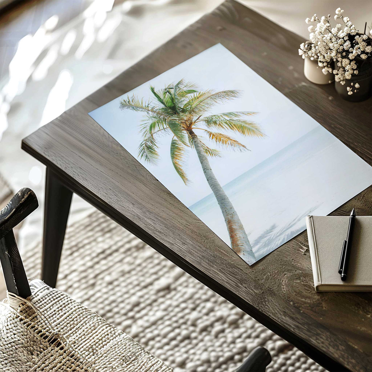 Ocean view palm tree wall art with warm golden fronds in coastal scene