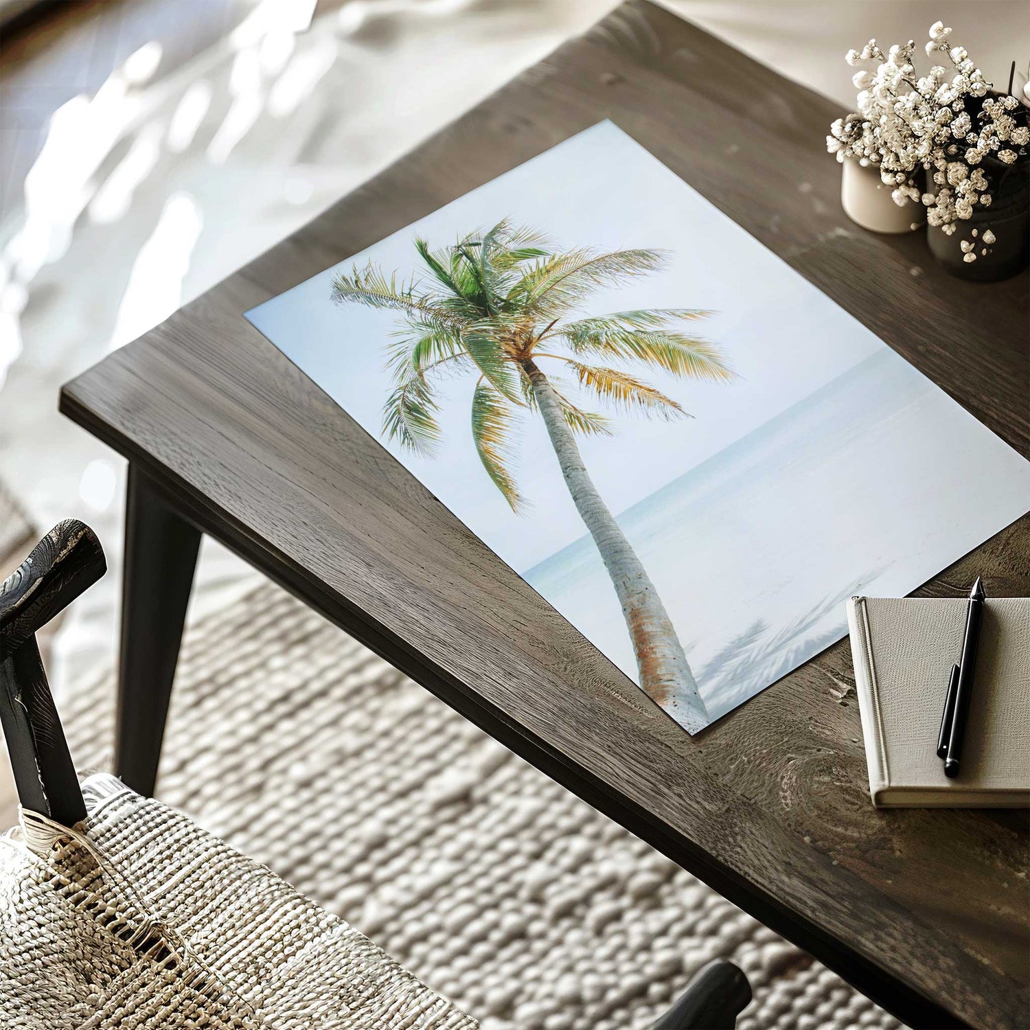 Ocean view palm tree wall art with warm golden fronds in coastal scene