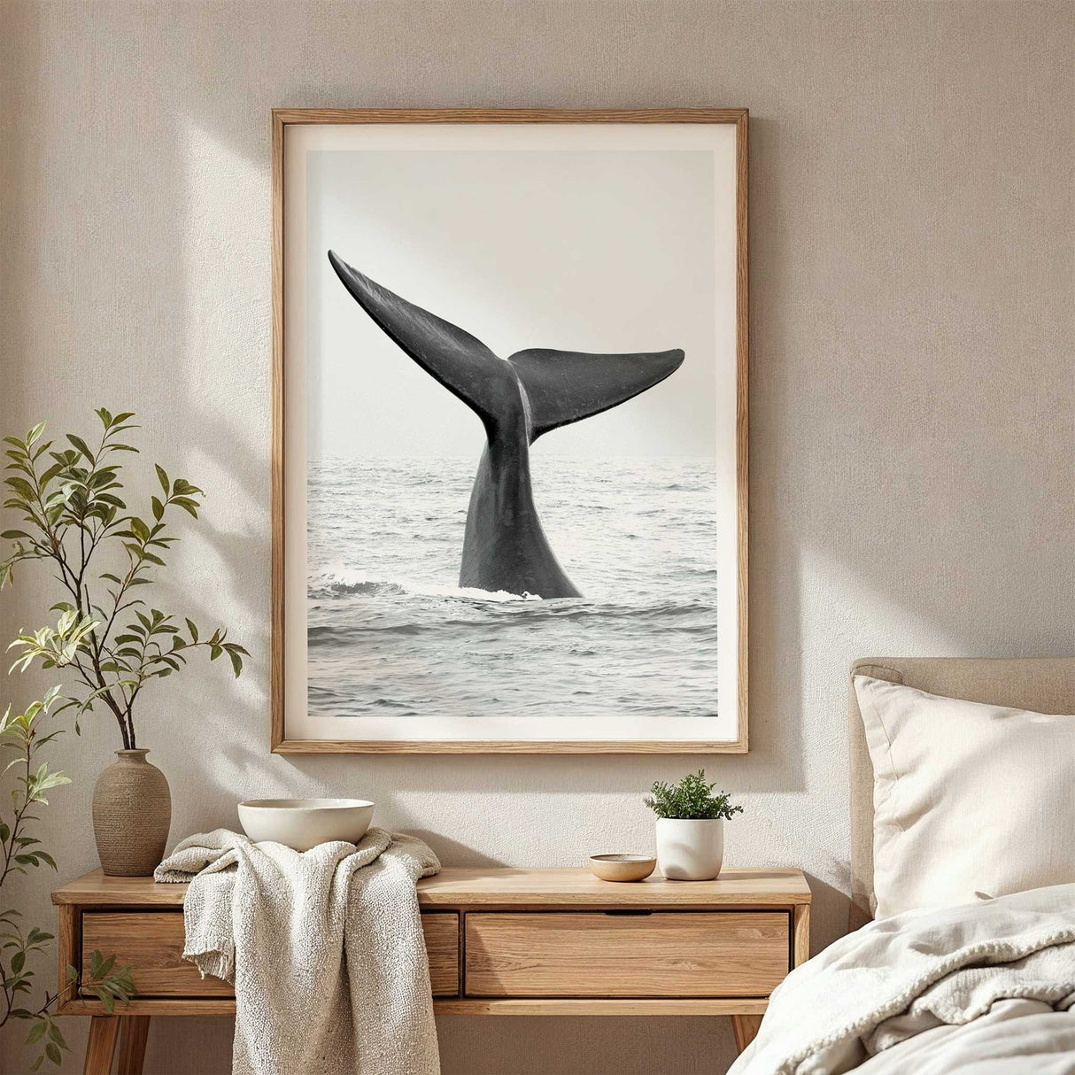 ocean whale tail print in muted tones for coastal interiors