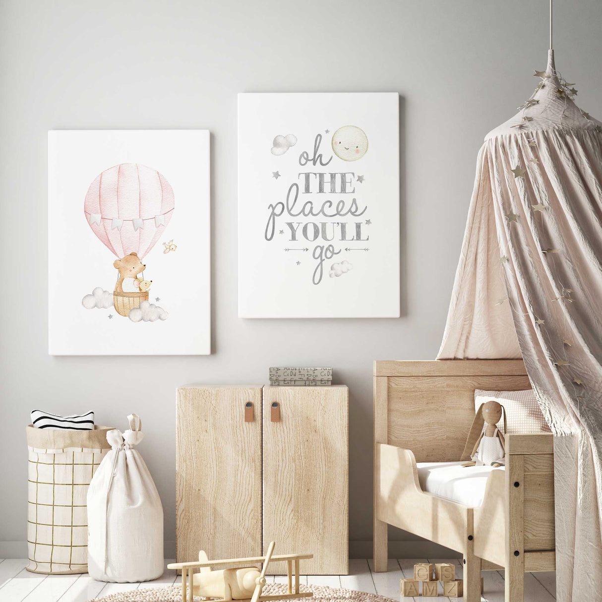 "Oh the places you'll go" nursery print with moon, stars, and clouds