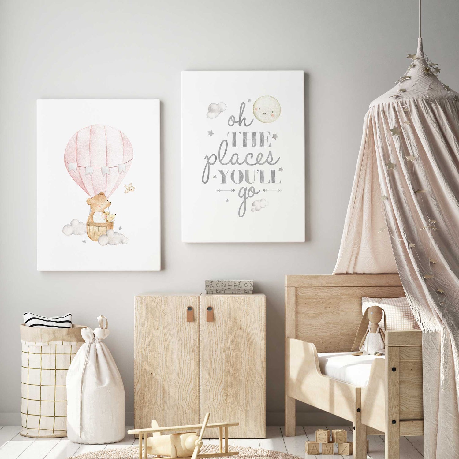 "Oh the places you'll go" nursery print with moon, stars, and clouds