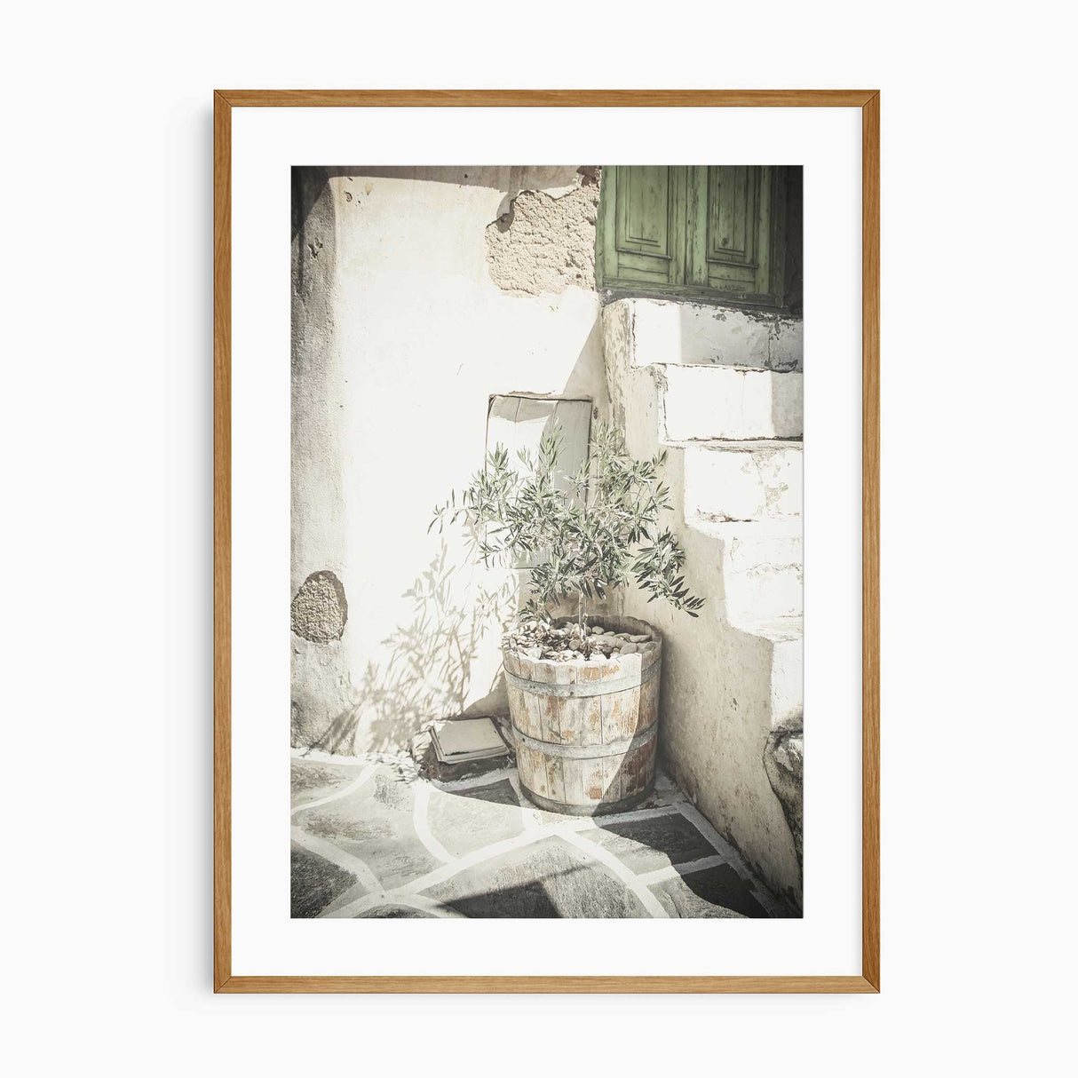 European architecture photography print with stone wall and wooden barrel planter
