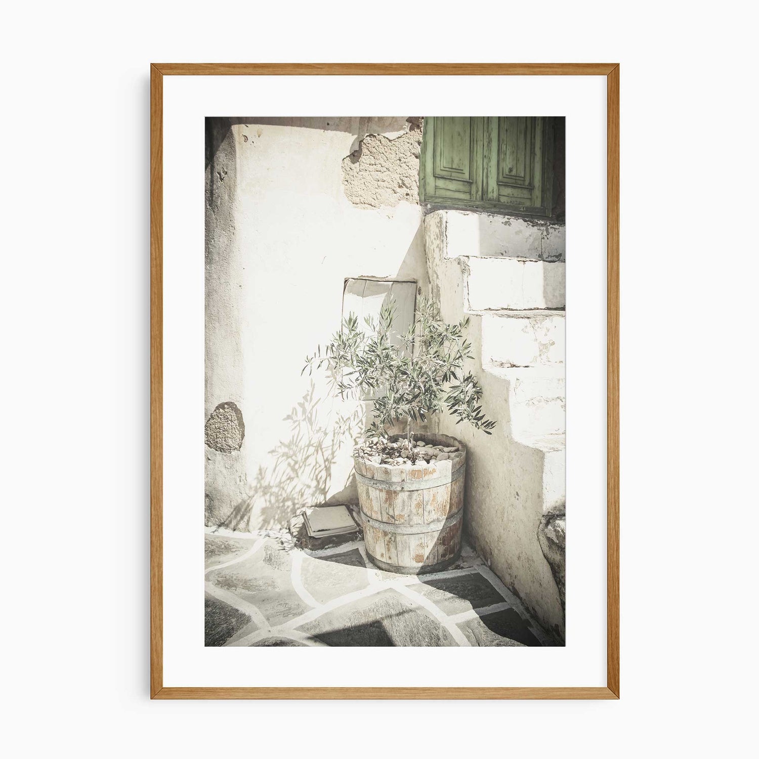 European architecture photography print with stone wall and wooden barrel planter