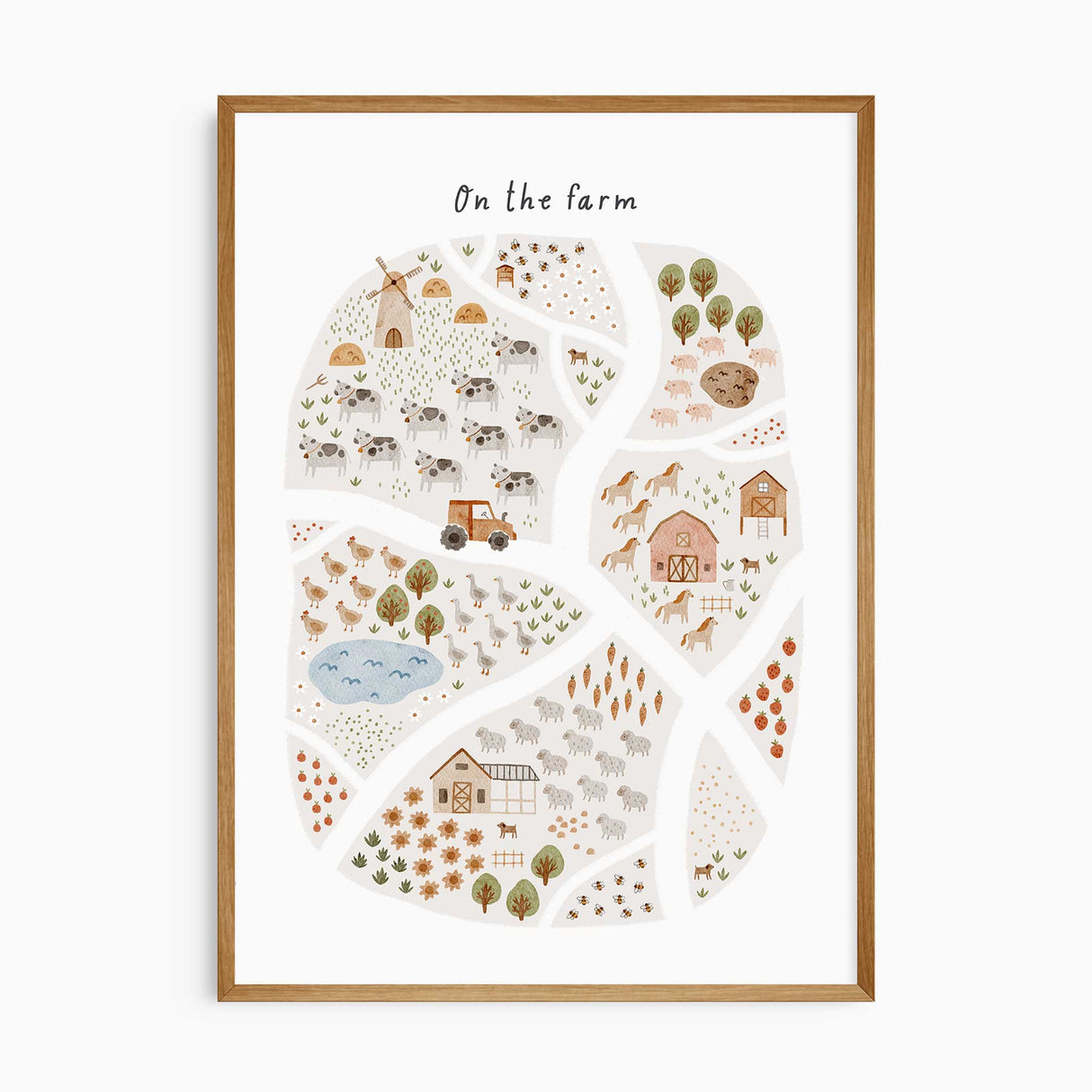 On the Farm nursery wall art print with illustrated farm animals, tractor, and barn for kids’ bedroom or playroom décor