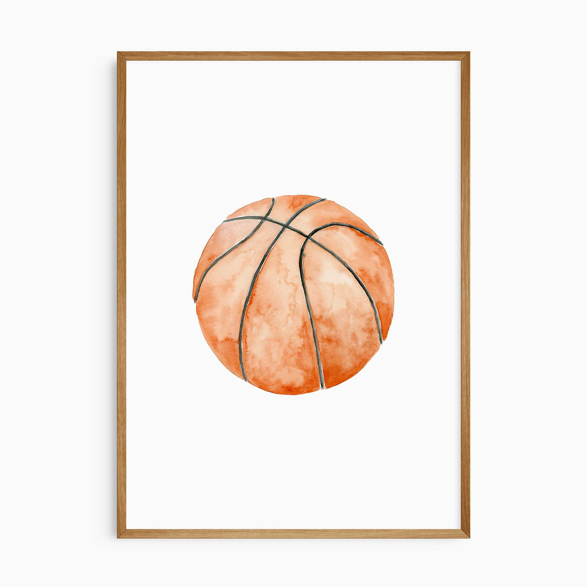 Orange watercolour basketball print with dark curved seams and a light background, part of a three-print sports set.