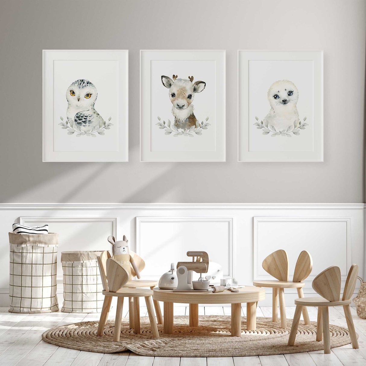 Owl reindeer and seal arctic nursery wall art set for baby nursery
