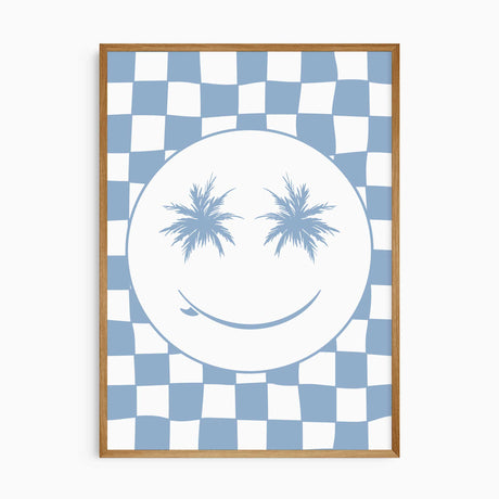 Palm tree smiley face blue checkered nursery art and surfboard smile
