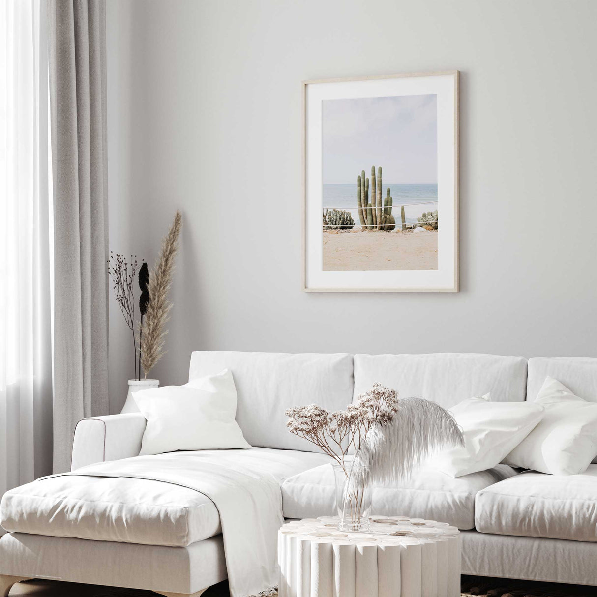 Palm Springs desert wall art with cactus and soft coastal scenery