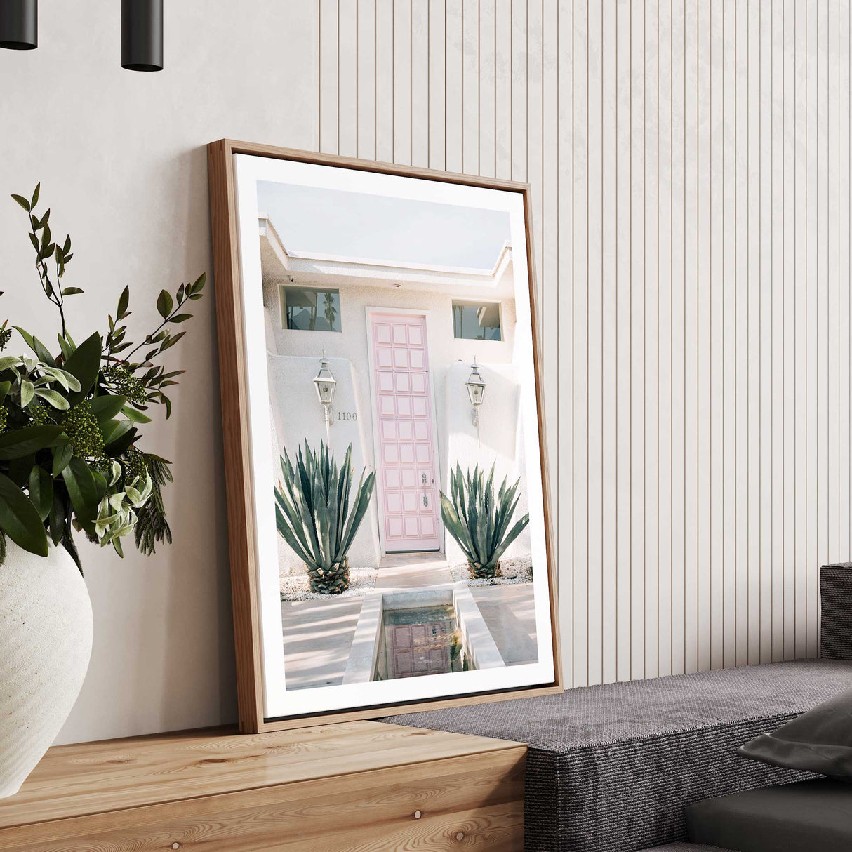 Palm Springs retro home decor wall art print with pink front door and desert plants, white border finish.