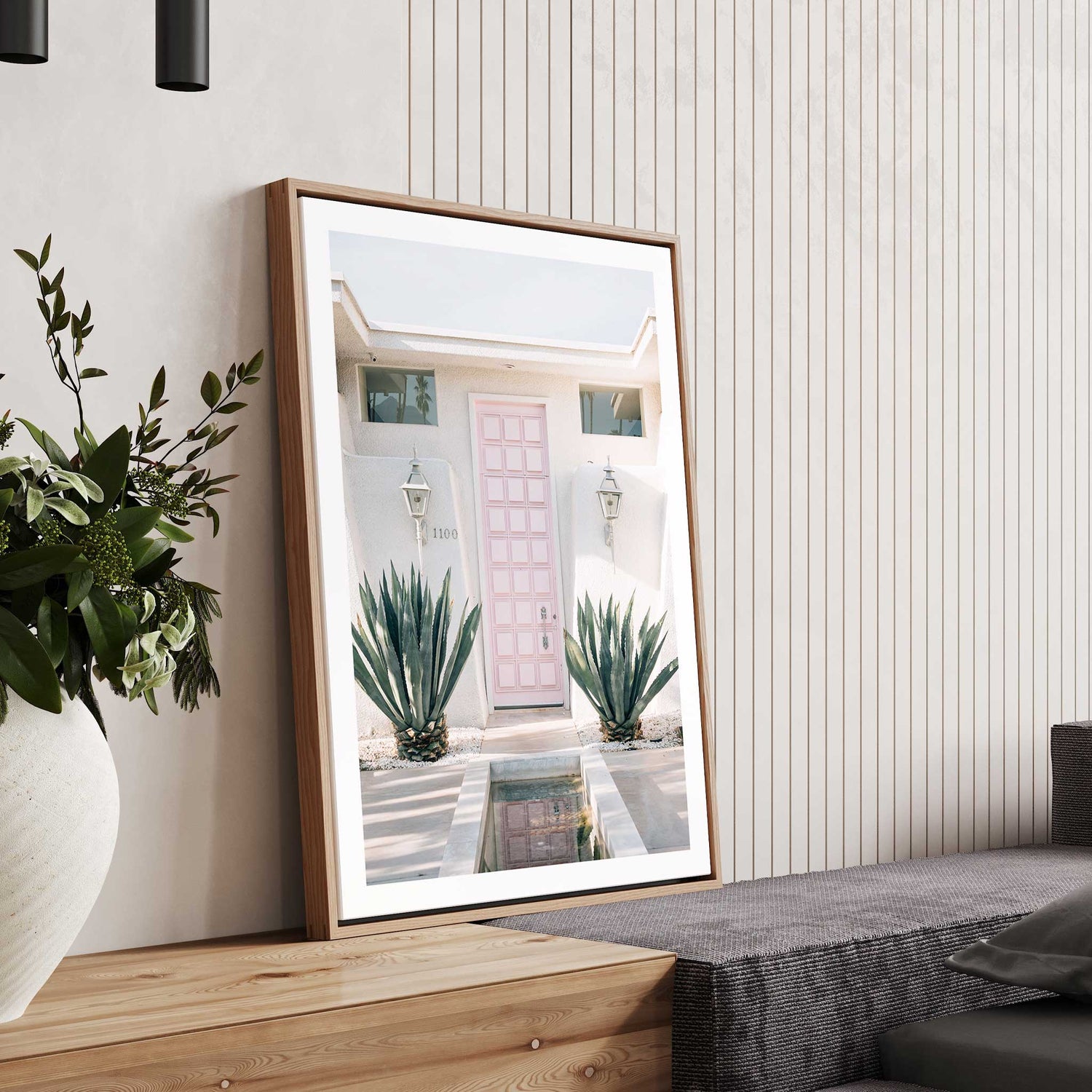 Palm Springs retro home decor wall art print with pink front door and desert plants, white border finish.