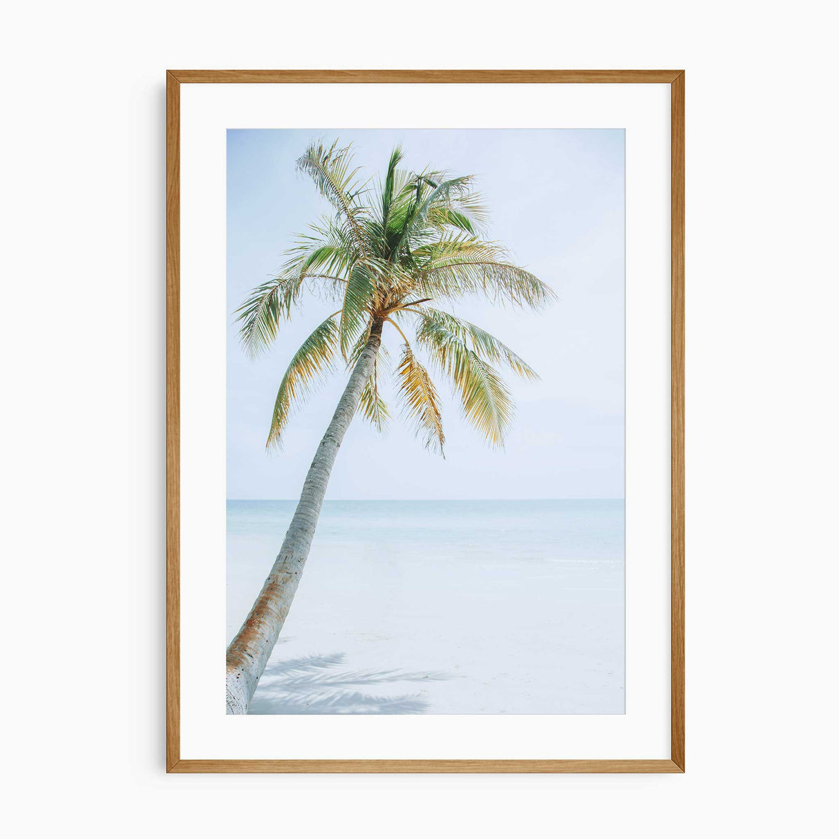 Palm tree beach wall art print with tropical ocean and soft sandy shore