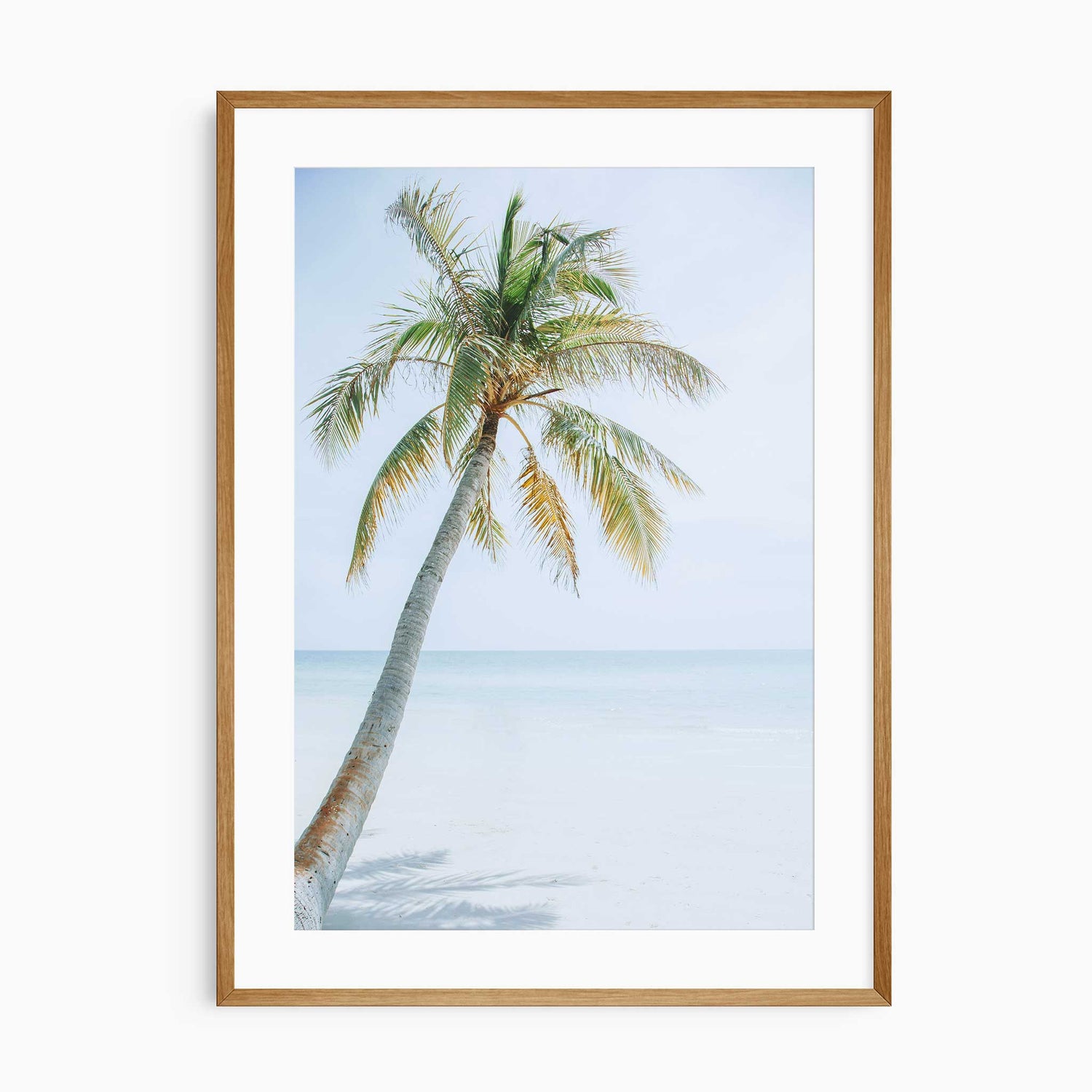 Palm tree beach wall art print with tropical ocean and soft sandy shore