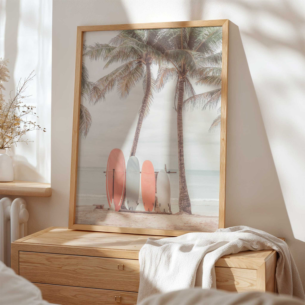 Soft summer coastal wall art with palms and surfboards