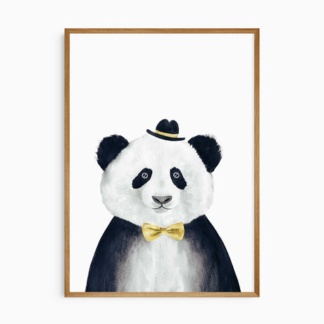 Panda wall art print for kids room with yellow bow tie and hat
