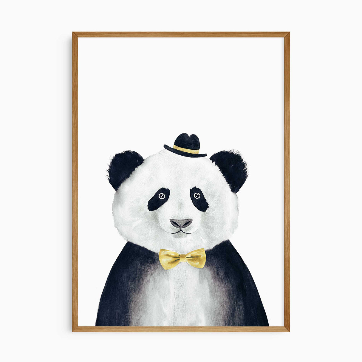 Panda wall art print for kids room with yellow bow tie and hat