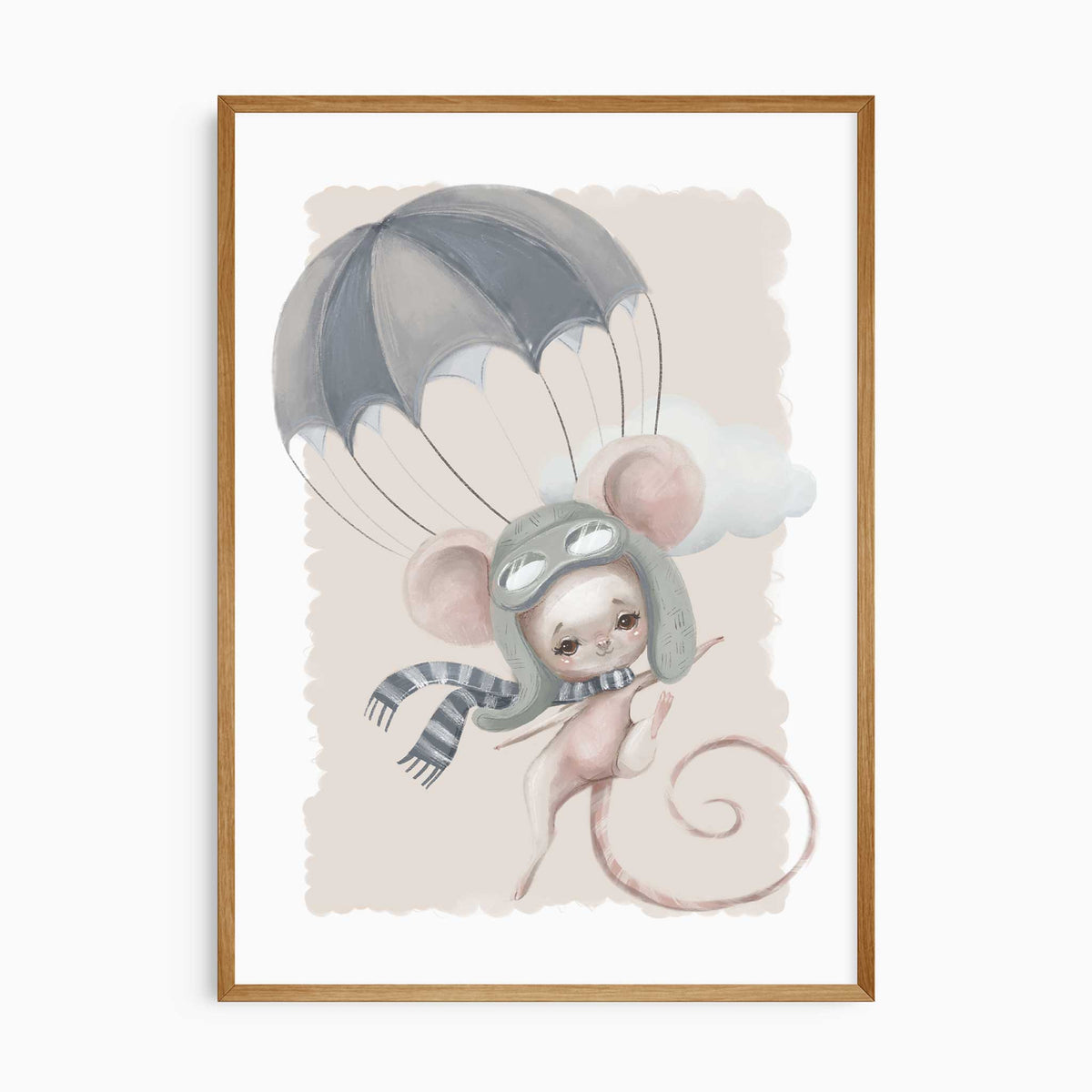 Mouse nursery print featuring an aviator hat, goggles and striped scarf beneath a blue-grey parachute on beige.