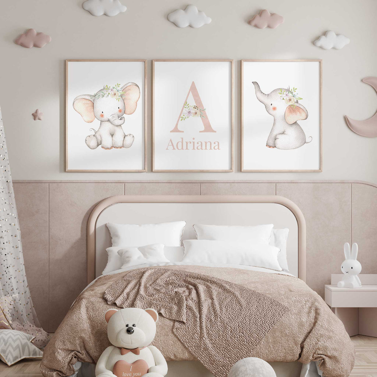 Gentle pastel-colored elephant nursery print ideal for baby girl rooms.