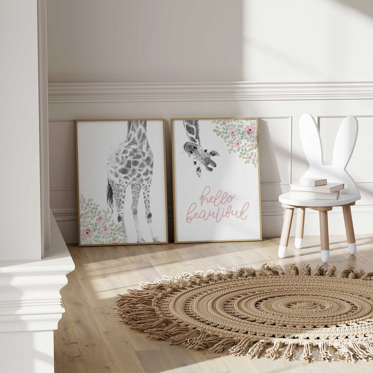 Pastel giraffe girls room art with gentle black and white giraffe, floral branches and hello beautiful wording.