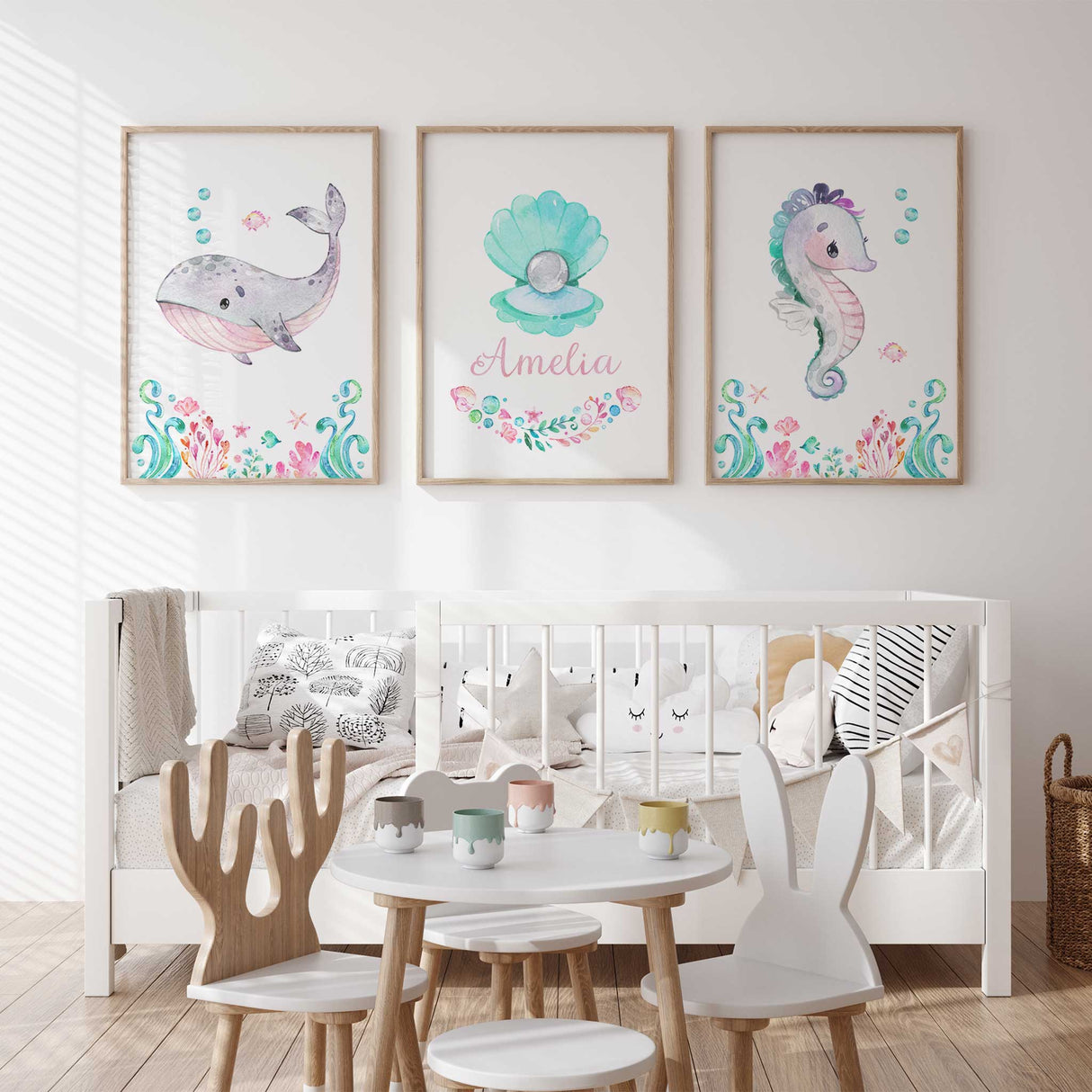 Pastel ocean themed nursery prints for a girls bedroom