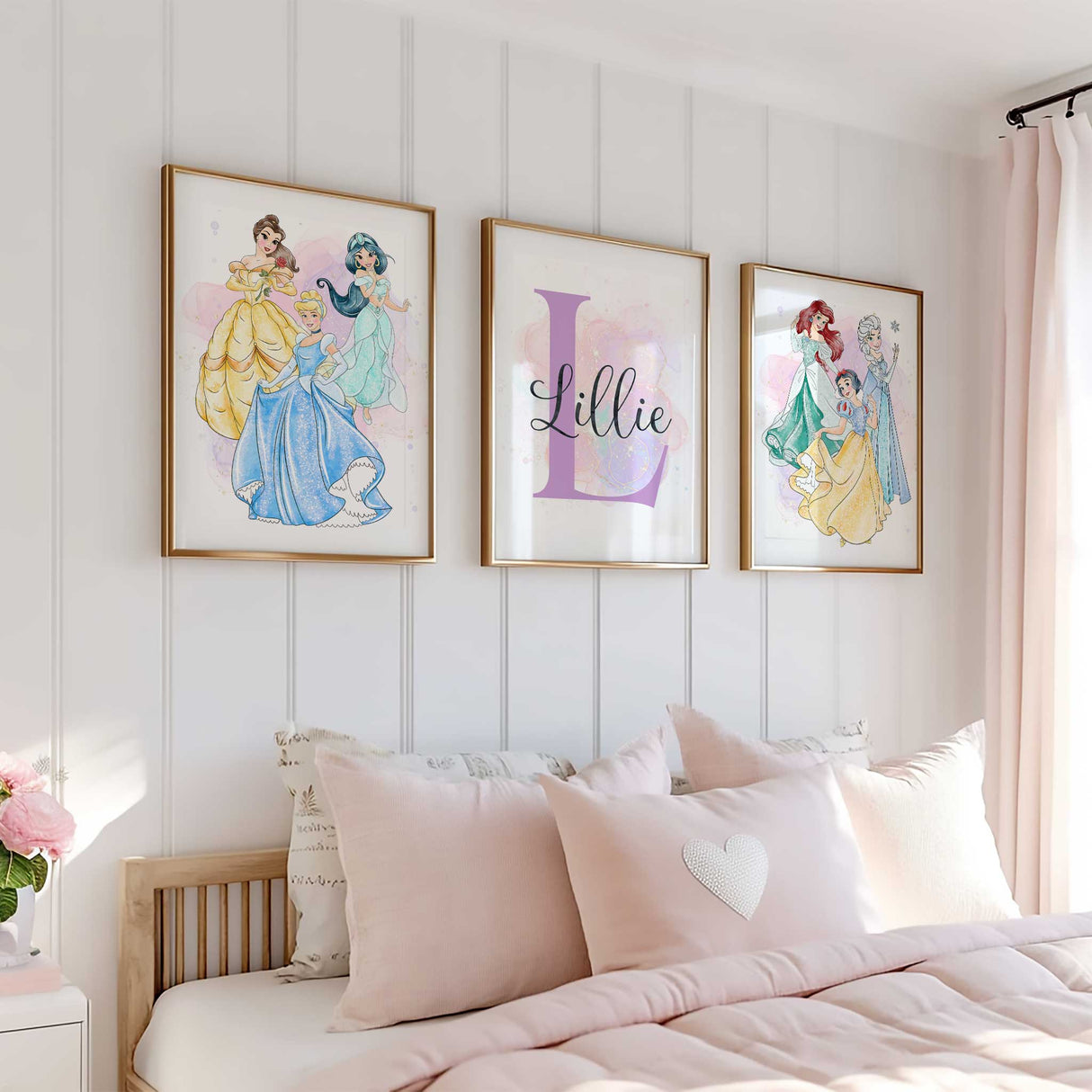 Pastel princess gallery wall set with personalised initial print for a girls room