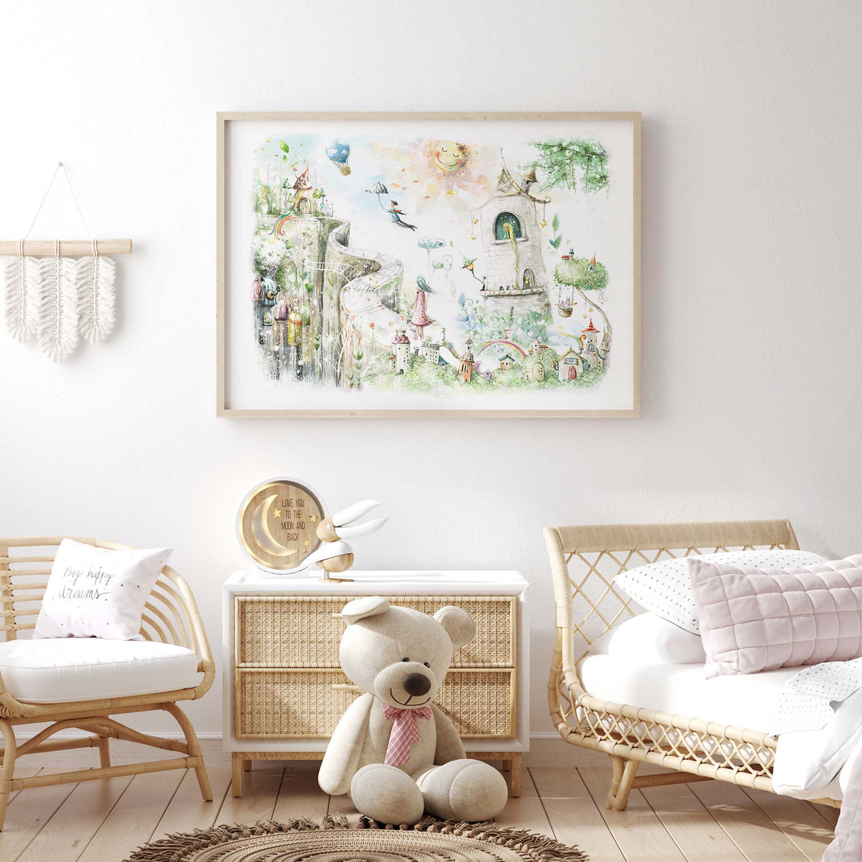 Soft pastel nursery print for girls featuring princess, hot air balloon, and animals