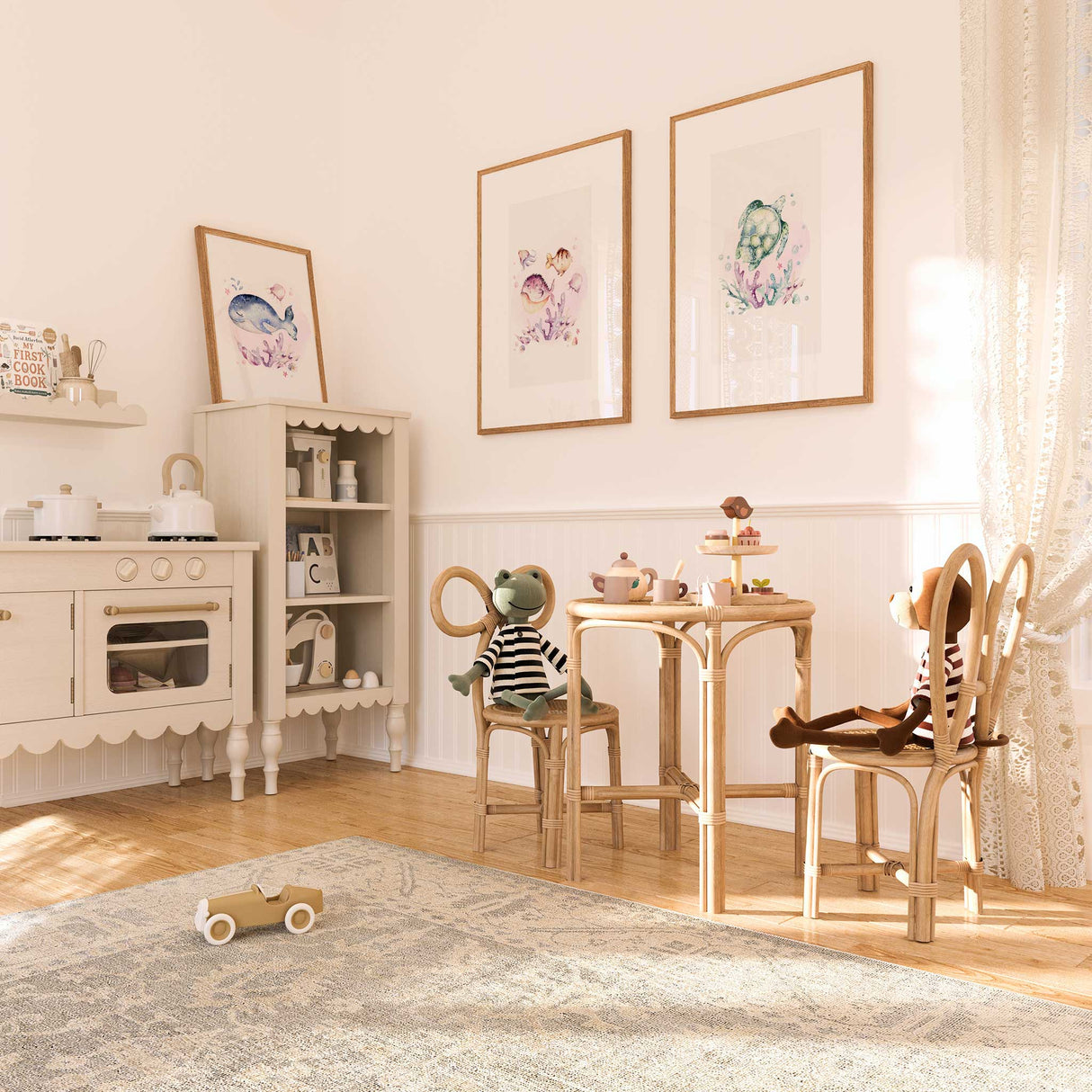 Pink watercolour turtle nursery wall art surrounded by coral and jellyfish, designed for girls room.