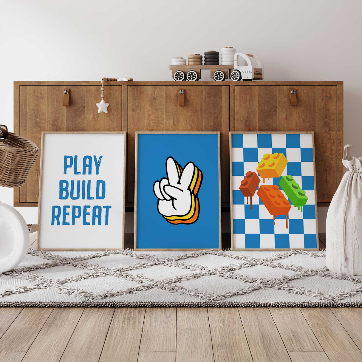 Retro hand peace sign print in bold colors on blue background for boys wall decor