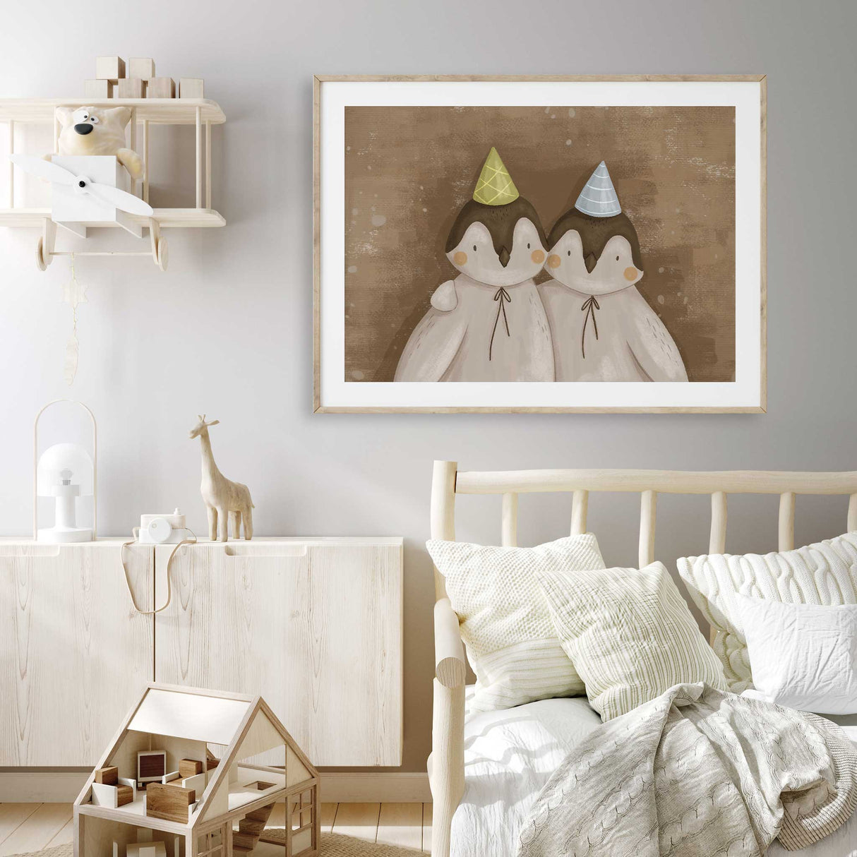 Penguin wall art print for a toddler bedroom in soft earthy tones