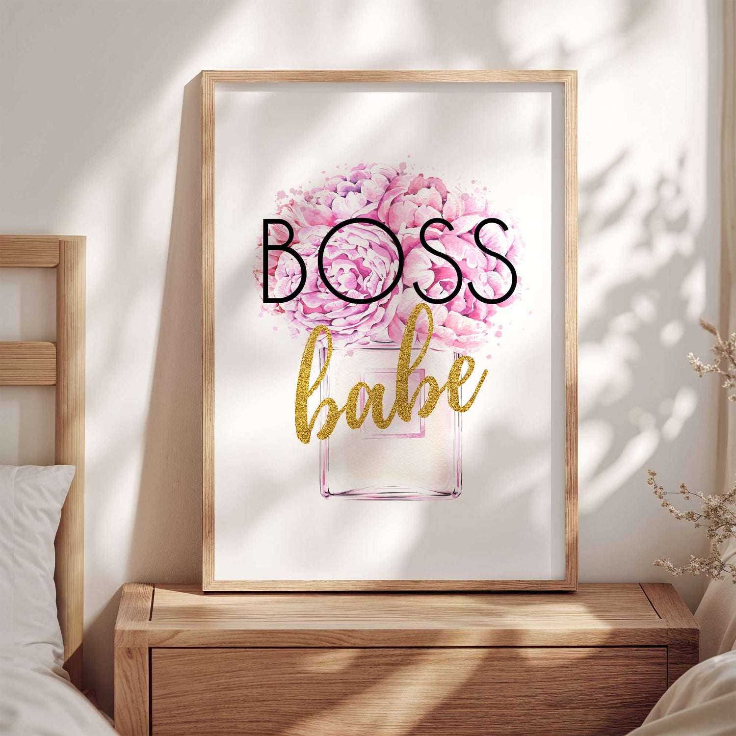 Motivational wall art for women featuring pink flowers, a perfume bottle, and empowering typography.