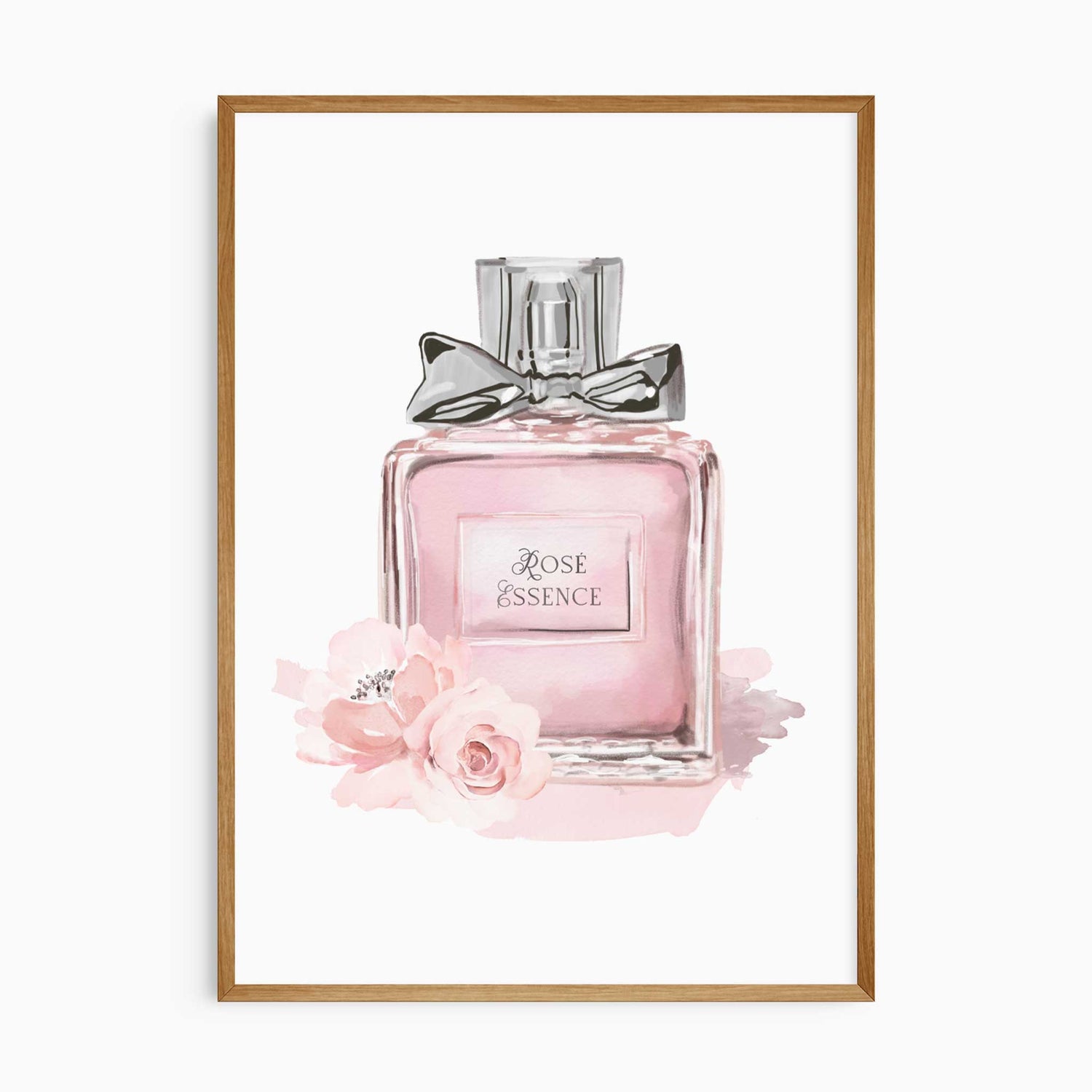 Watercolor-style pink perfume bottle wall art with floral accents, titled "Rosé Essence"