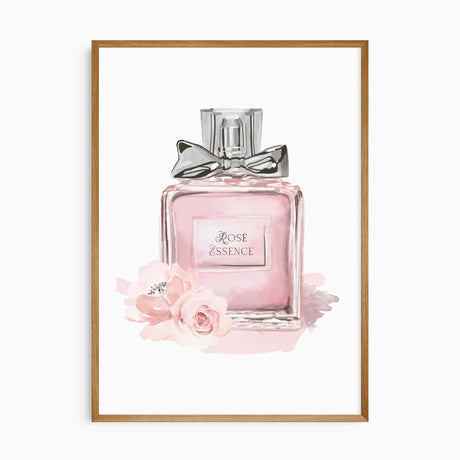 Watercolor-style pink perfume bottle wall art with floral accents, titled "Rosé Essence"