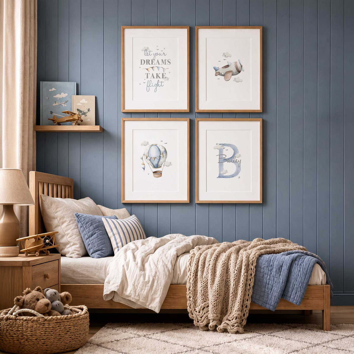Set of four personalised aeroplane prints with hot air balloon, custom name, travel quote and plane for a boy’s bedroom