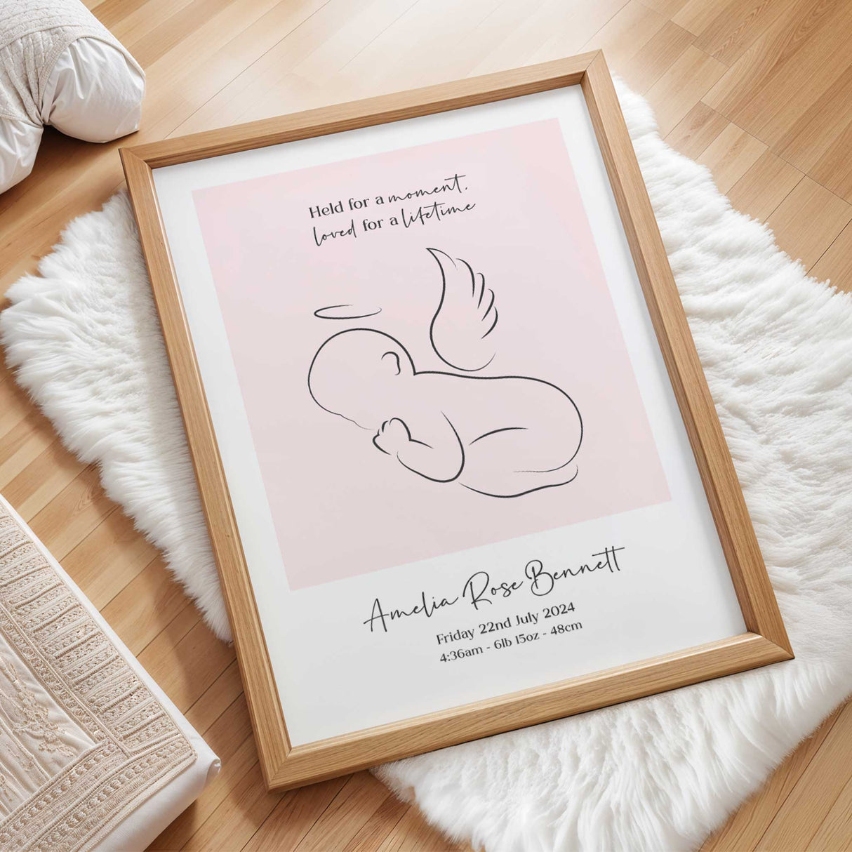 Personalised angel baby memorial print in soft blue with name birth details and remembrance quote