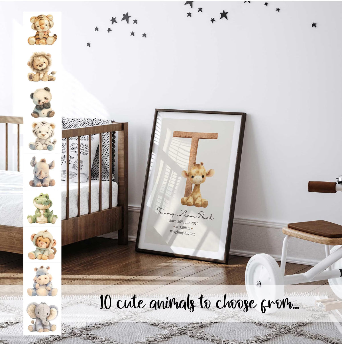 Personalised animal initial birth print with a giraffe example and 10 plush animal illustrations available to choose from