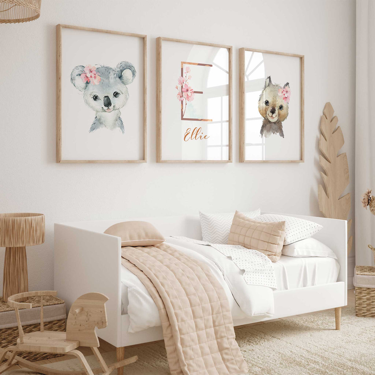 girls floral animal decor for nursery or girls room decor with an iconic Koala and Wombat prints