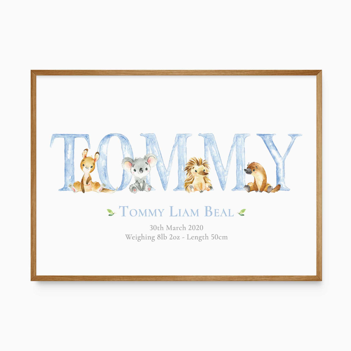 Personalised Australian animal birth print with blue name lettering, native animals, birth date, weight and length