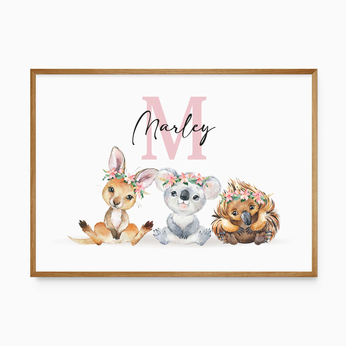 Personalised Australian animal name print with a pink initial and name, and a kangaroo, koala and echidna in flower crowns.