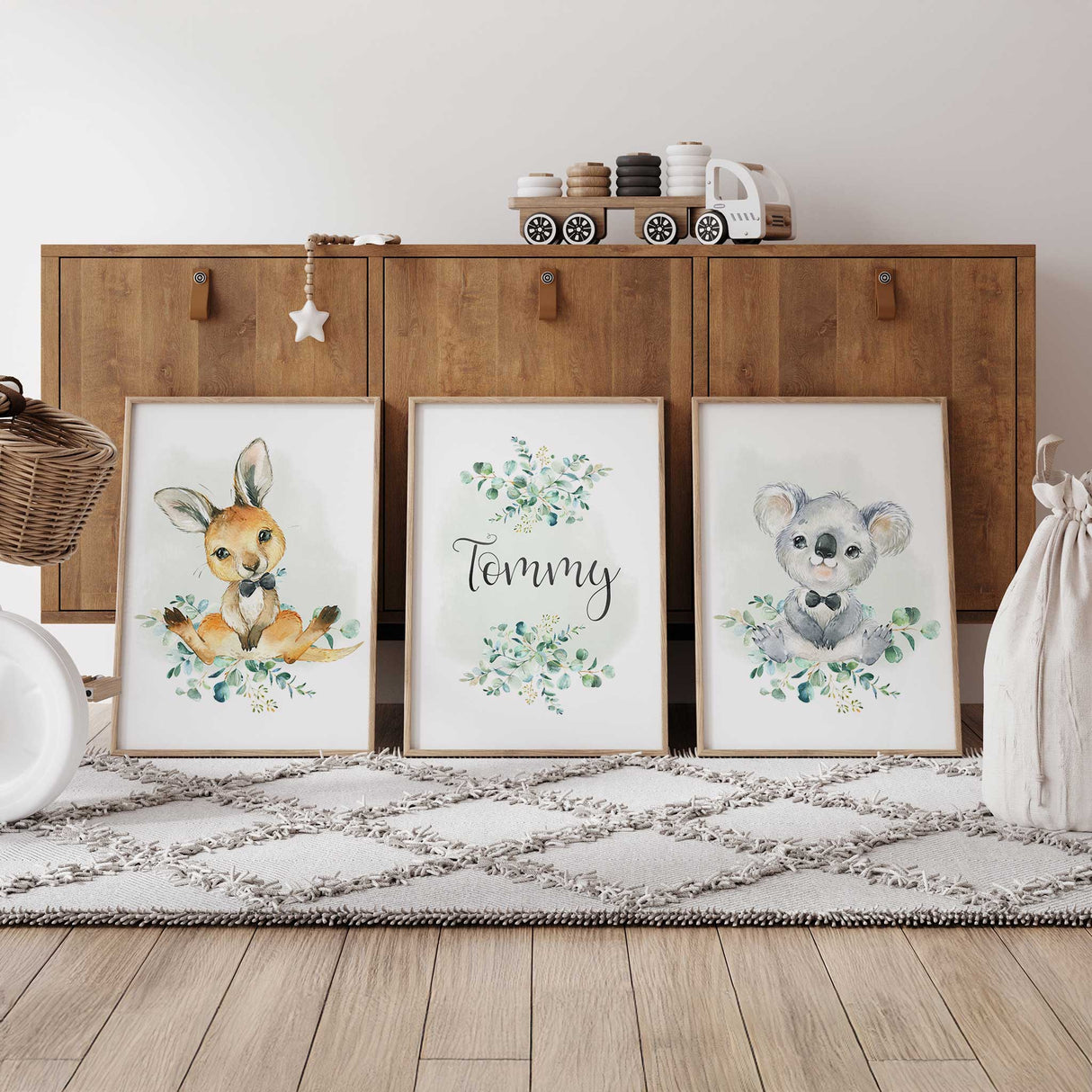 Personalised Australian animal wall art set with kangaroo and koala wearing bow ties