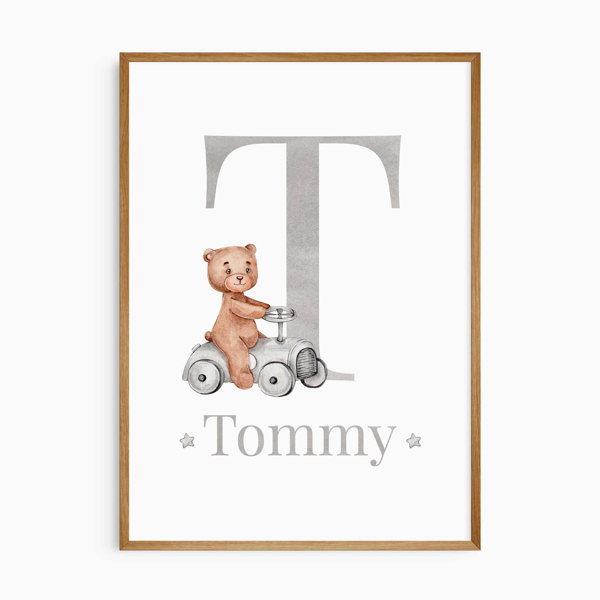 Custom nursery print with large initial and teddy bear riding a toy car, personalised with child’s name – perfect for baby boy room decor.