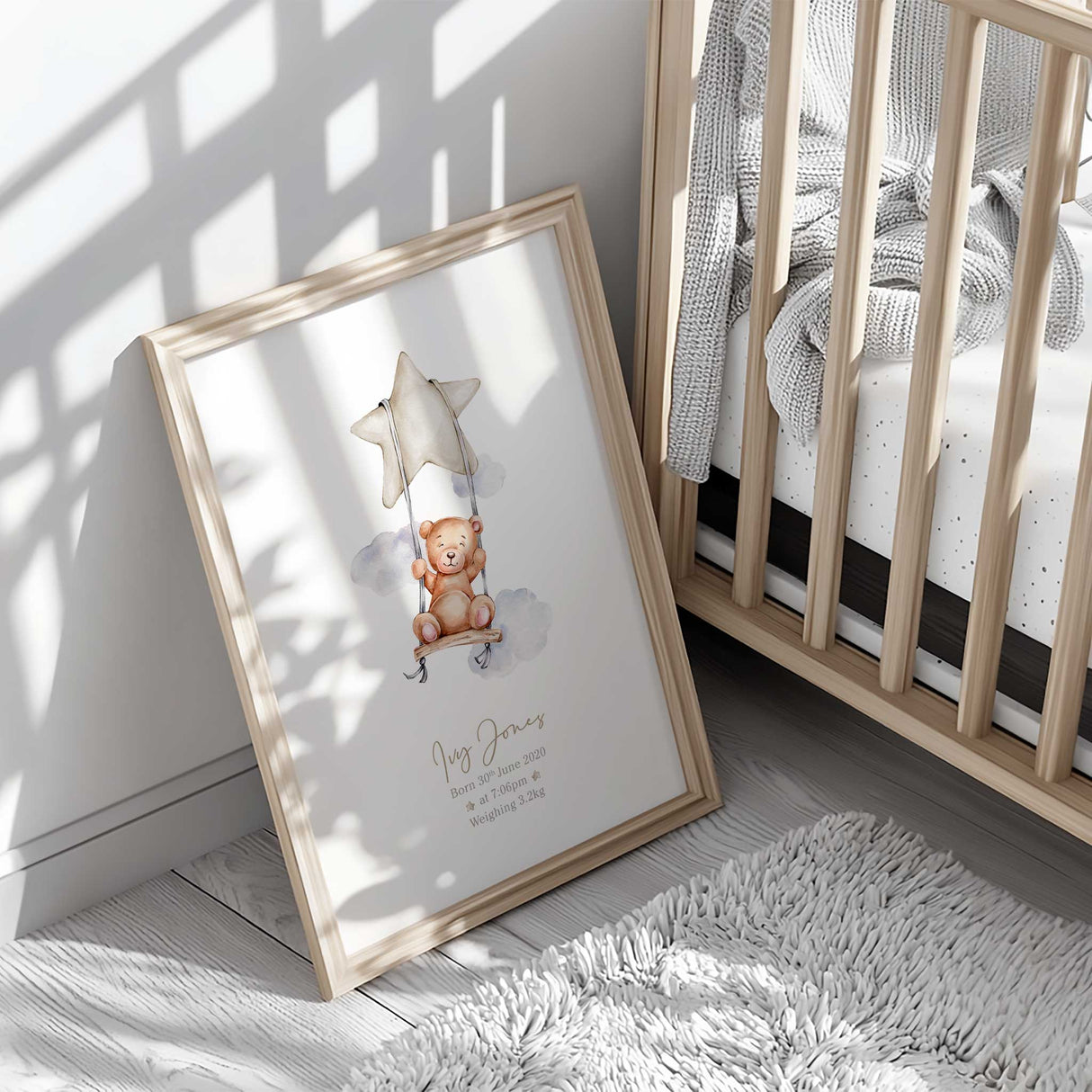 Gender-neutral teddy bear print with beige star and birth information