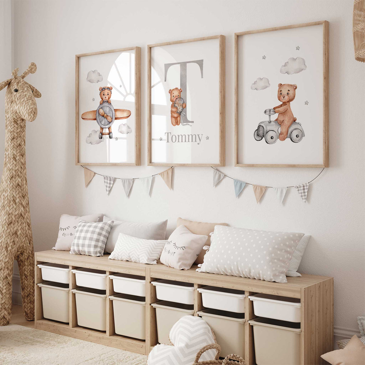 Personalised bear nursery set with a pilot bear, grey initial and name with balloon bear, and bear on a toy car.