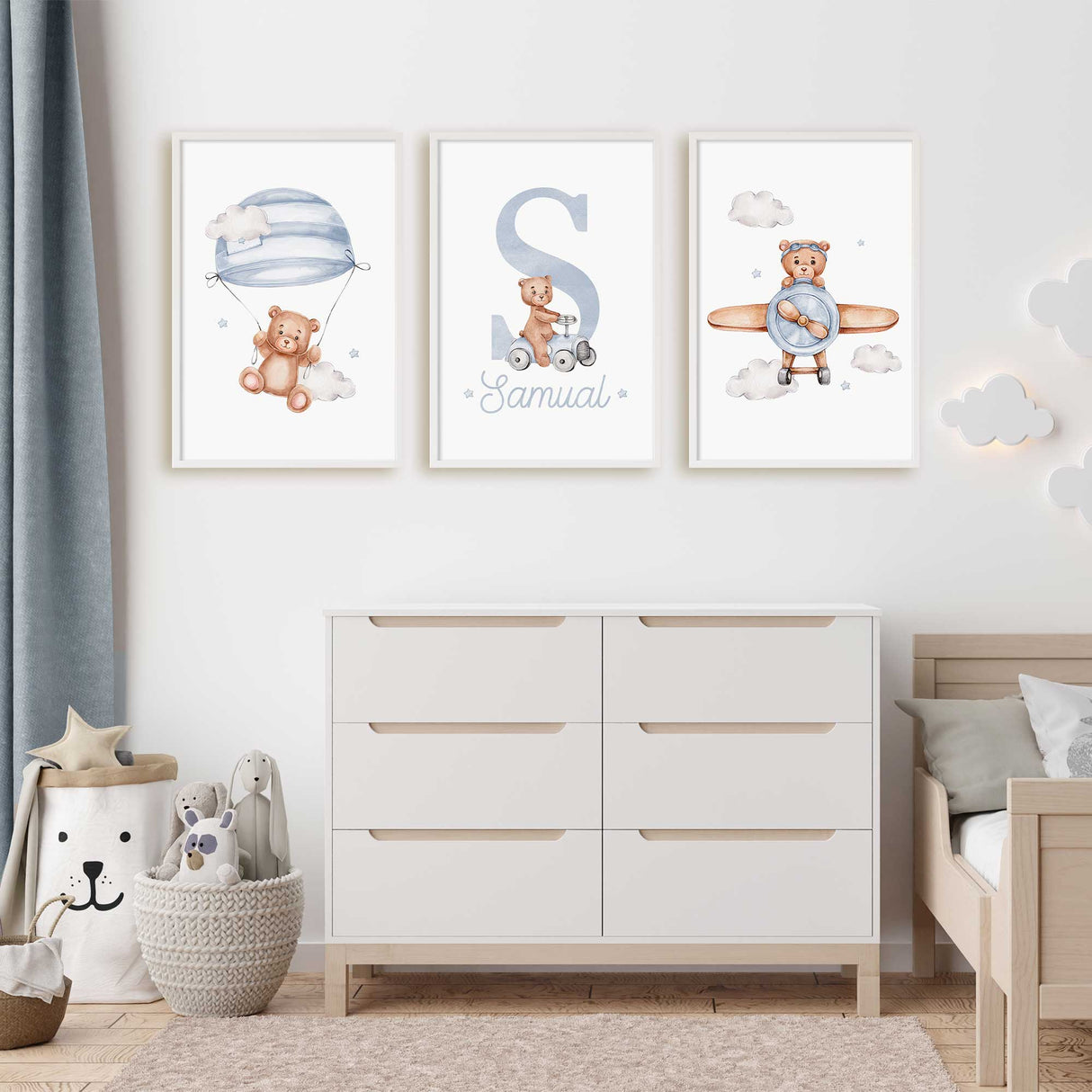 Custom name teddy bear print set for baby boys room