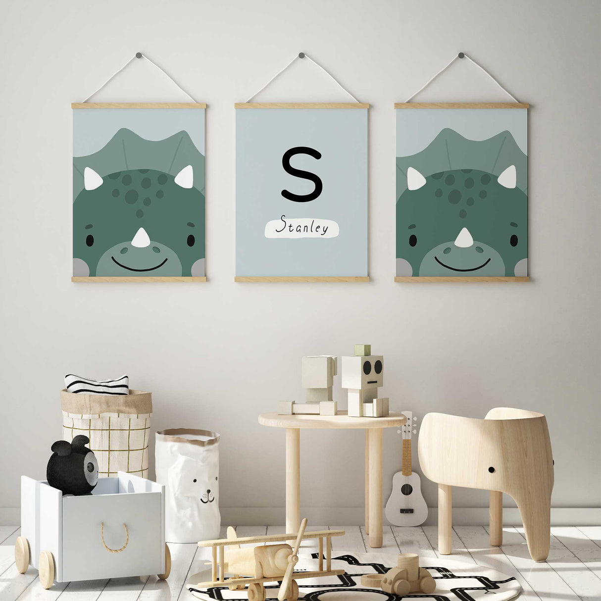 Dinosaur initial and name wall art set of 3, personalised prints for nurseries, playrooms, or baby shower gifts
