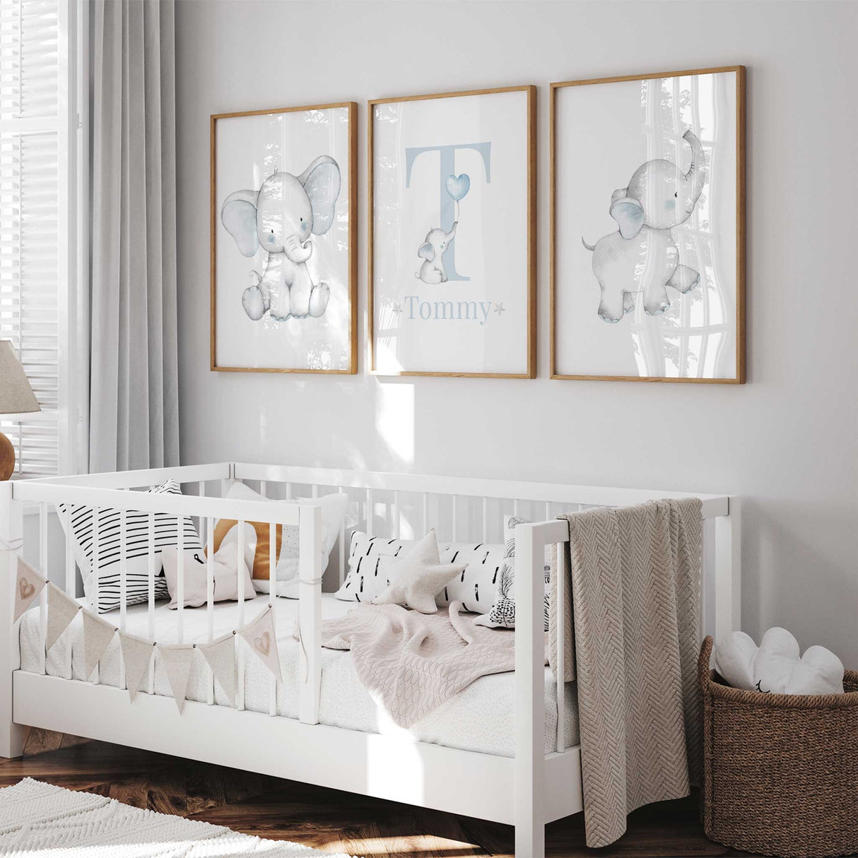 set of 3 boys nursery wall art with adorable baby elephants and a personalised named print