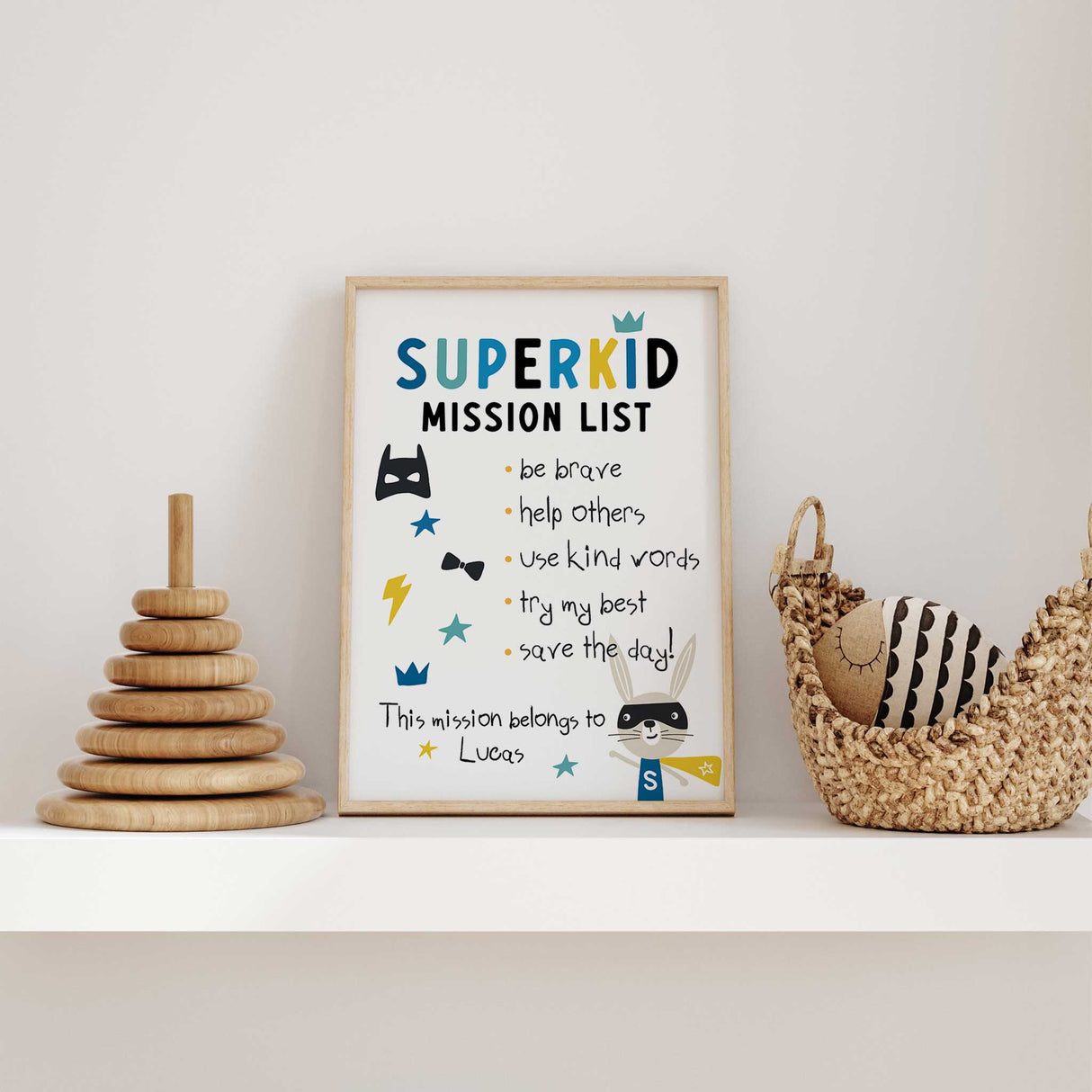 Boys bedroom art print featuring superhero theme and kind message