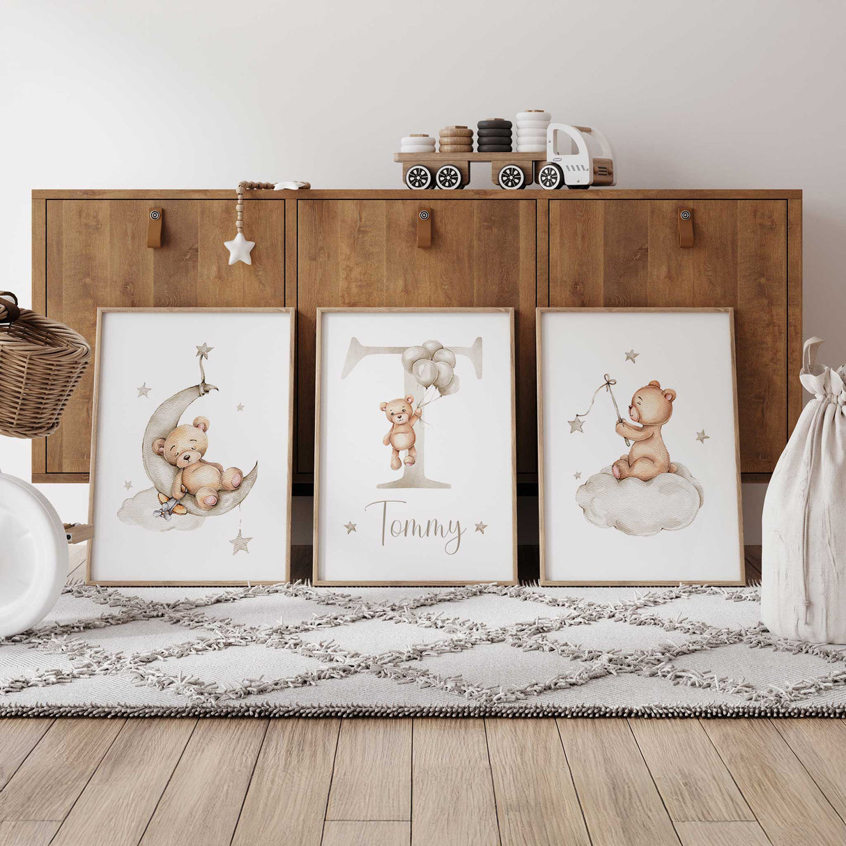 Set of three teddy bear nursery prints in warm beige with moon bear initial print and cloud bear