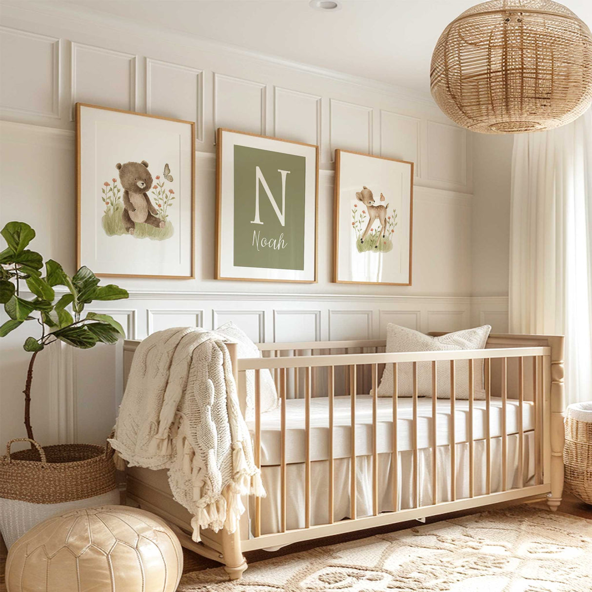 Personalised boys woodland nursery wall art with bear, deer and green name print