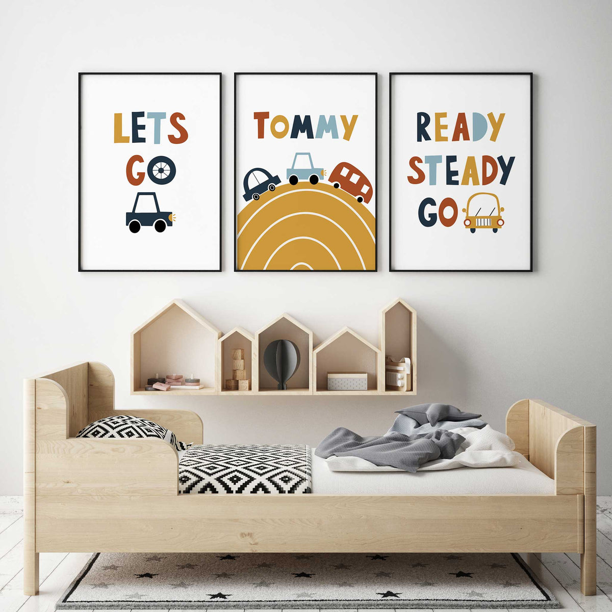 Personalised car print set with Tommy above a mustard road, plus Let's Go and Ready Steady Go designs on white.