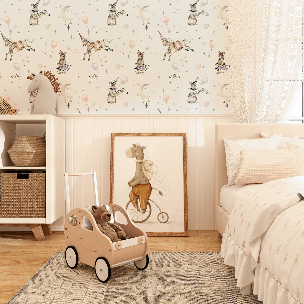 Personalised circus nursery gallery wall set with juggling mice, giraffe, elephant, and custom baby details.